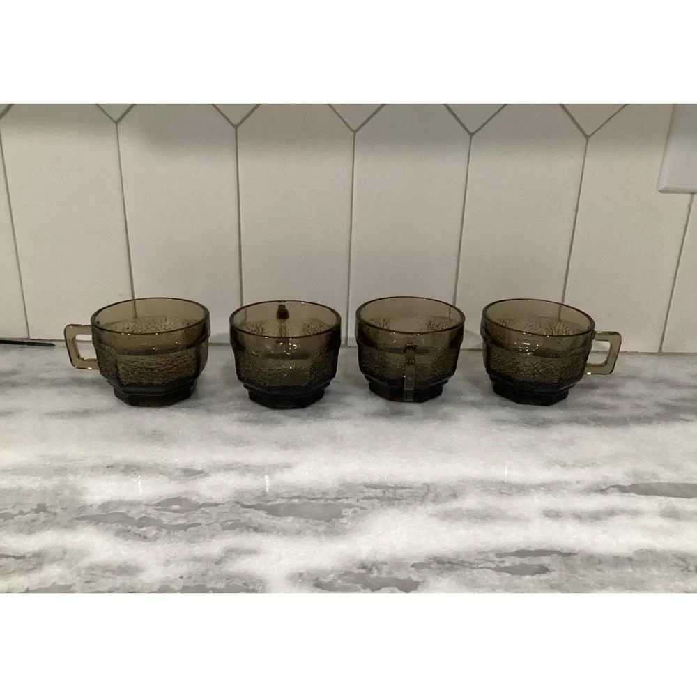 Vintage Anchor Hocking‎ Brown Octagon Textured Cups Set of 4